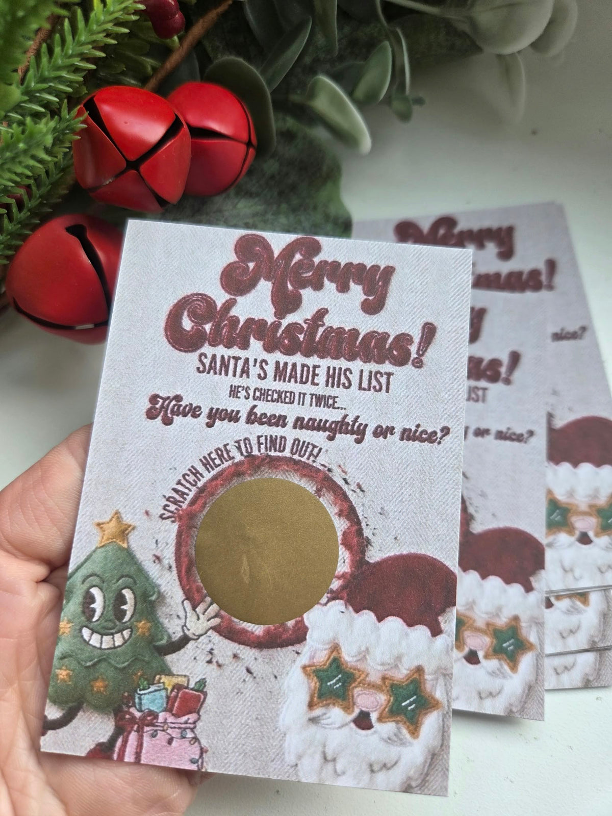 Embroidered plush style naughty of nice kids scratch card