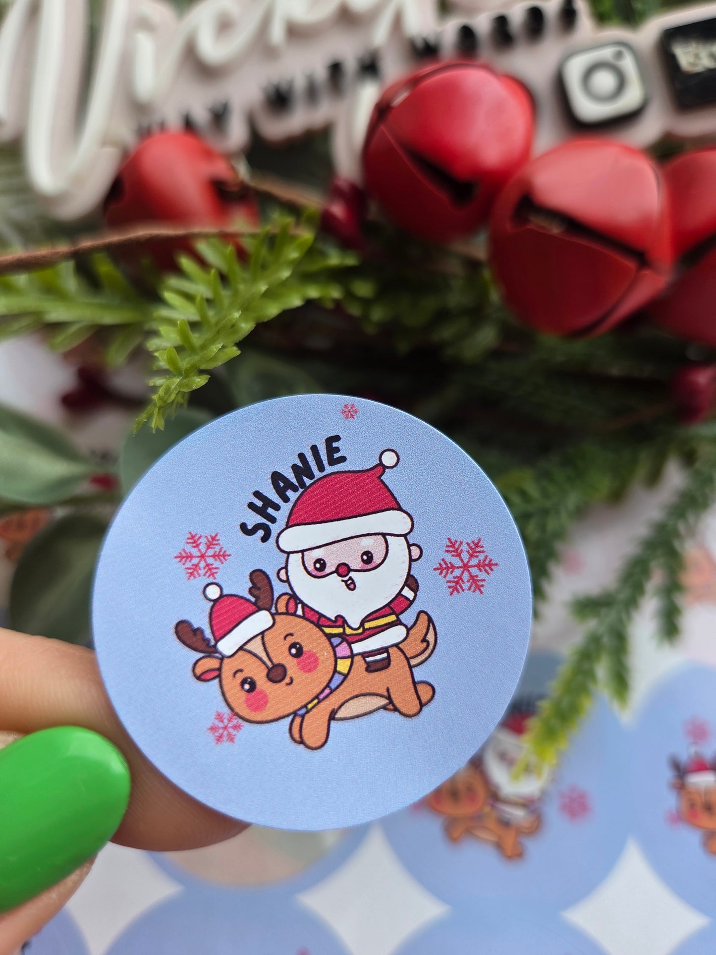 Colour background gloss santa and reindeer Christmas stickers