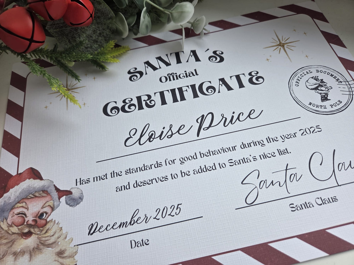 Santa nice list certificate personalised