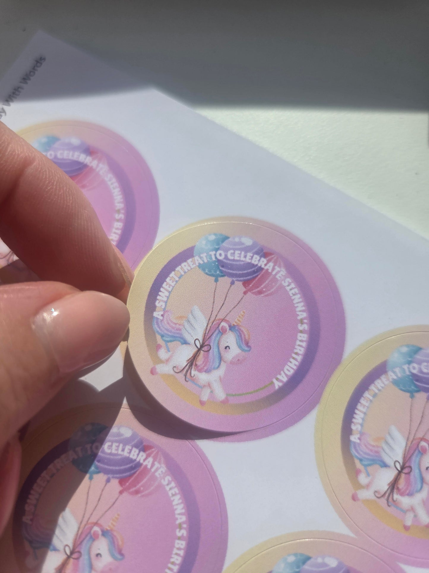 Unicorn personalised birthday stickers