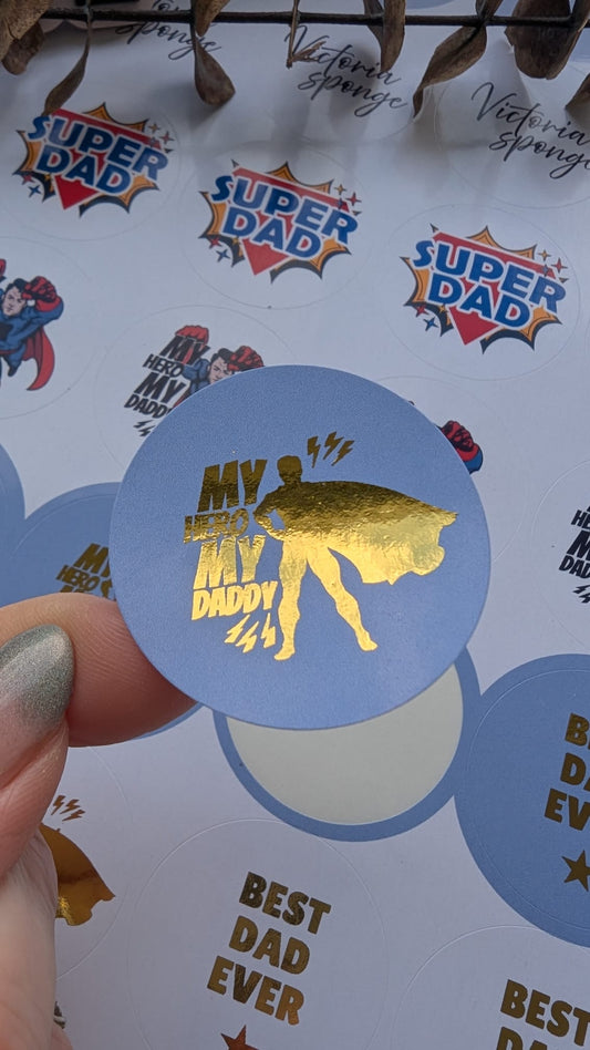 Superhero fathers day foil stickers