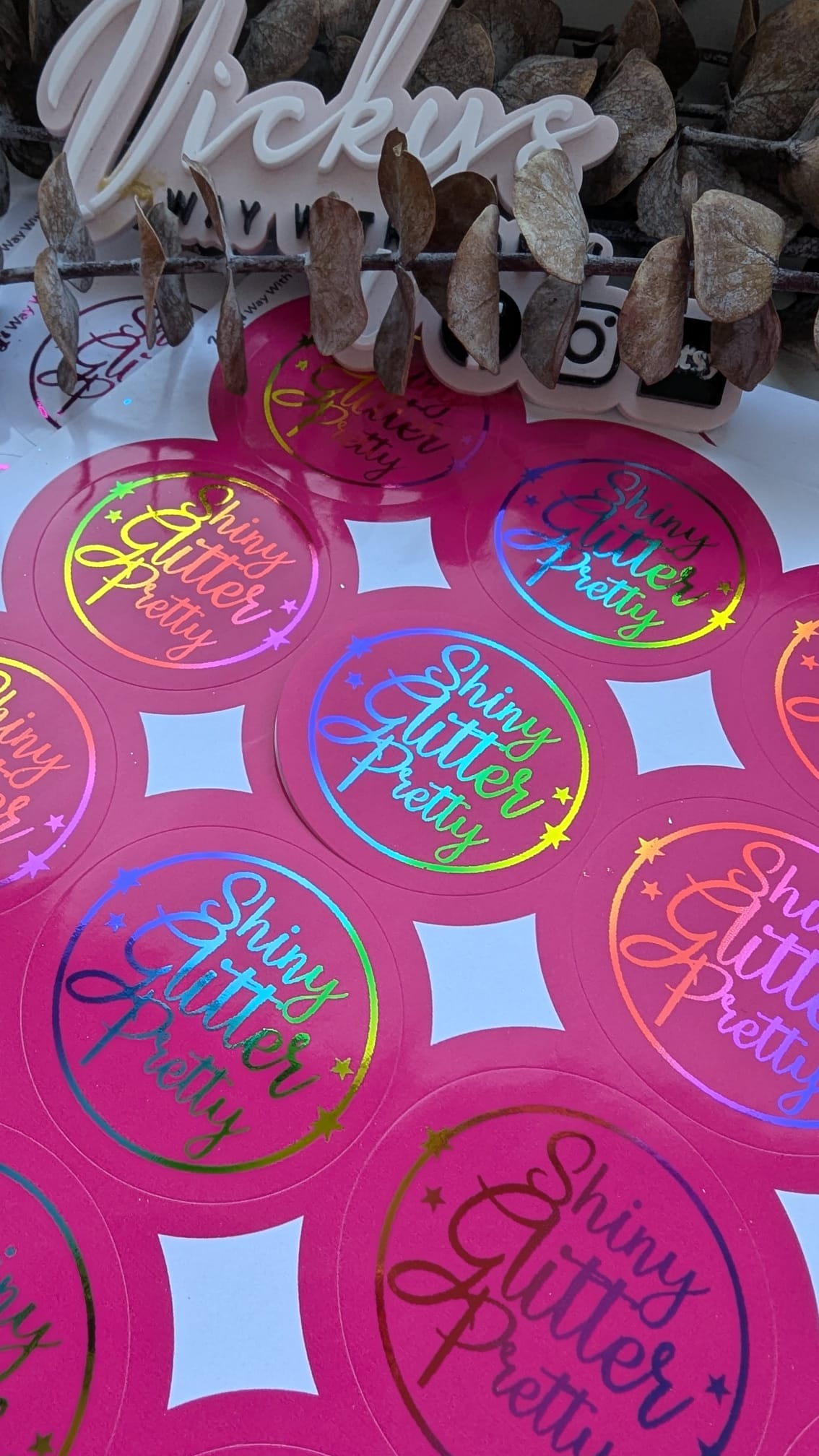 Hot pink gloss with rainbow foil logo stickers 