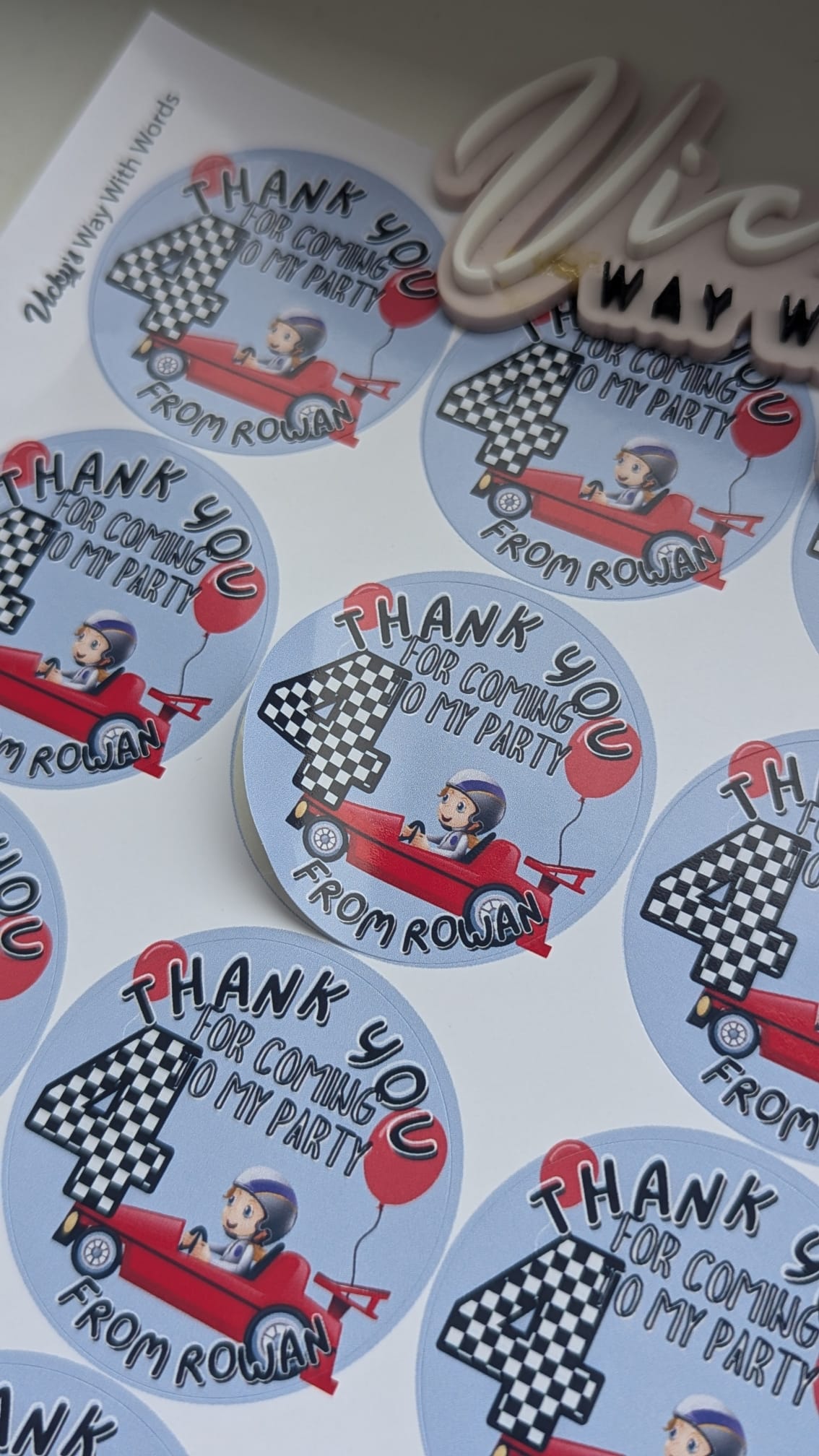 Racing car theme party personalised stickers