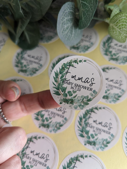 Personalised botanical baby shower, hen party name stickers