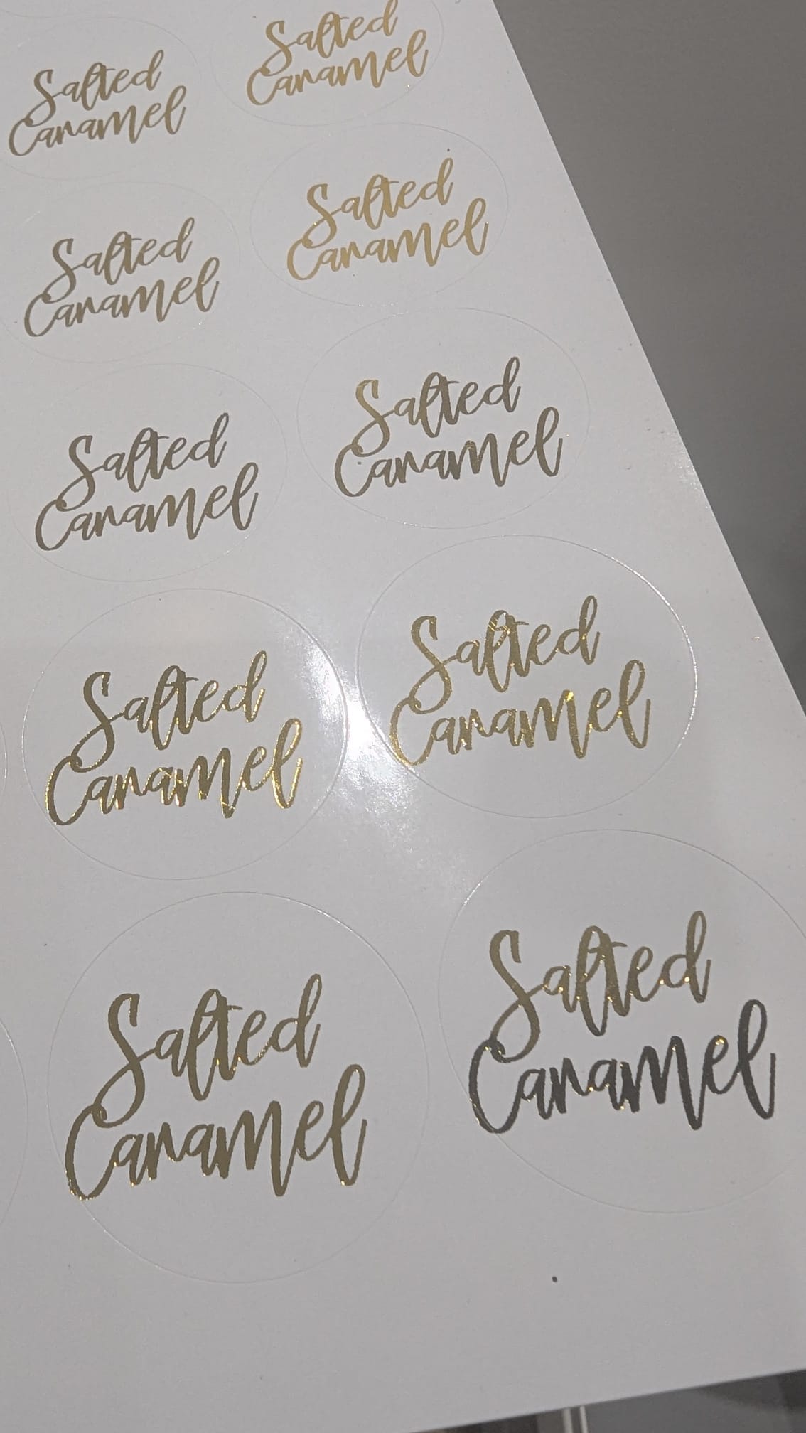 Imperfect foiled flavour stickers, gold salted caramel