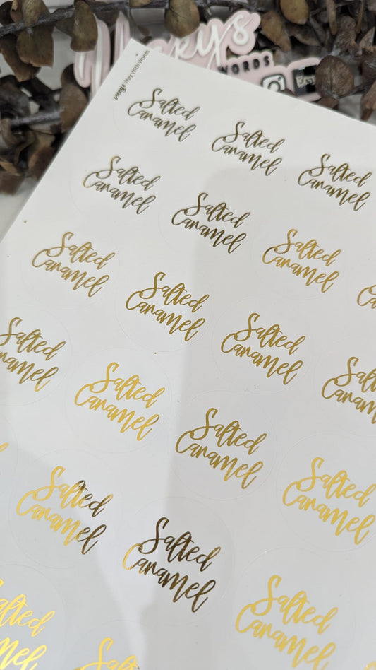 Imperfect foiled flavour stickers, gold salted caramel