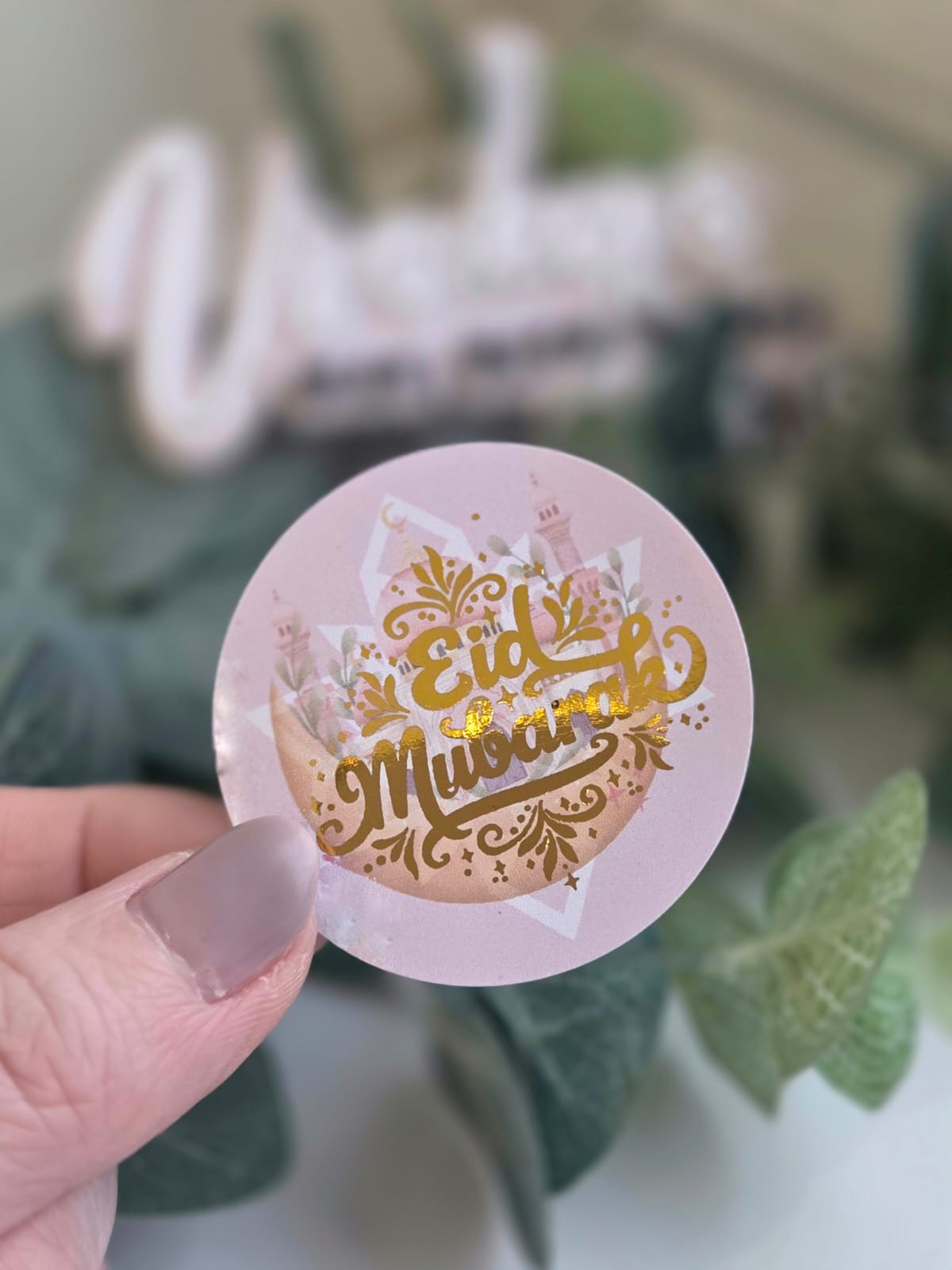 Eid Mubarak pretty round gloss stickers with foil detail
