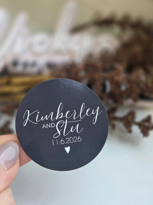 Coloured gloss round wedding name and date stickers