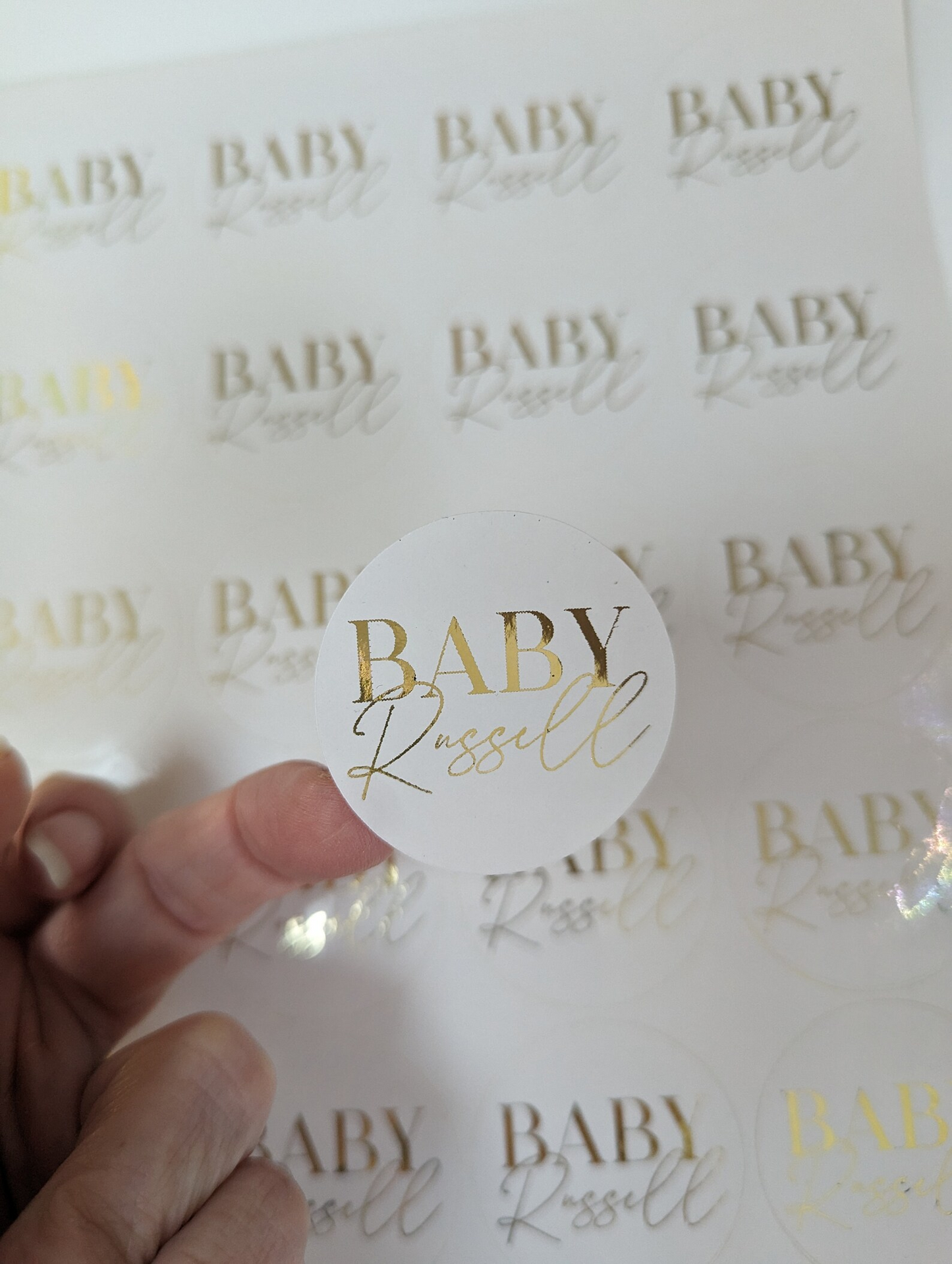 Custom personalised baby shower foiled name stickers