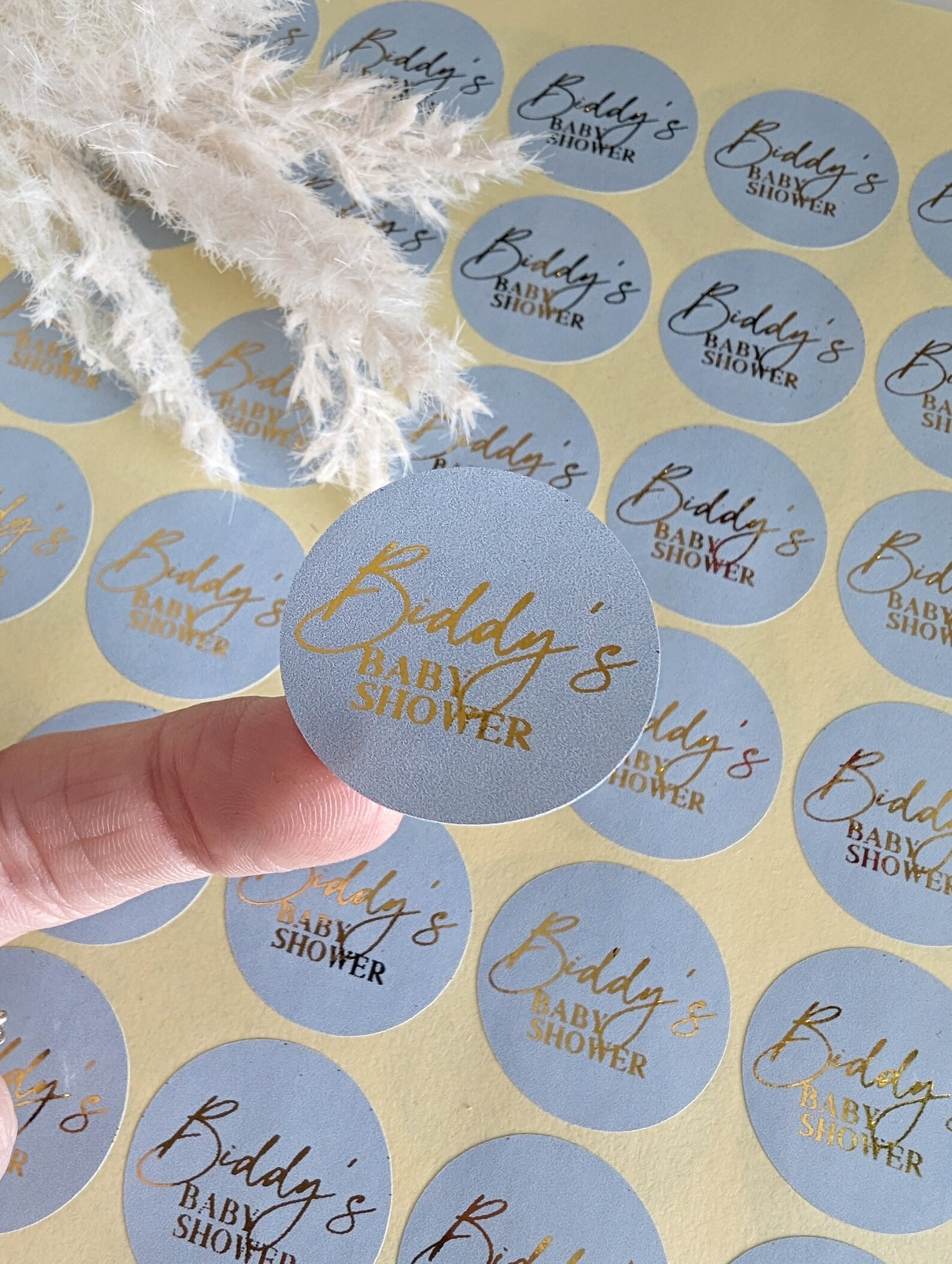 Custom baby shower name stickers baby blue and gold