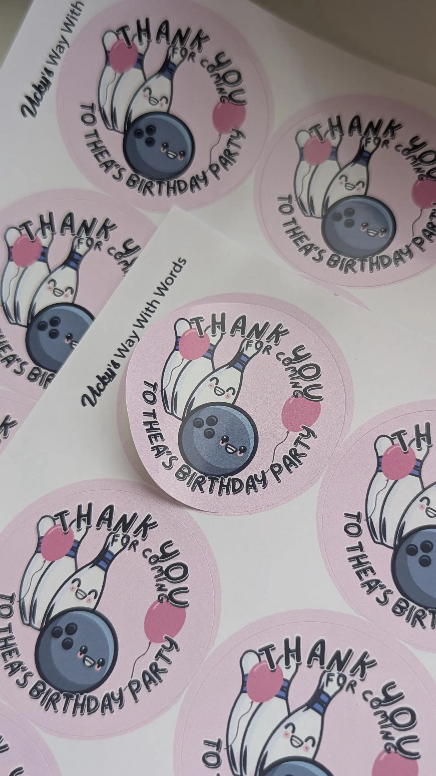 Pink background bowling party stickers