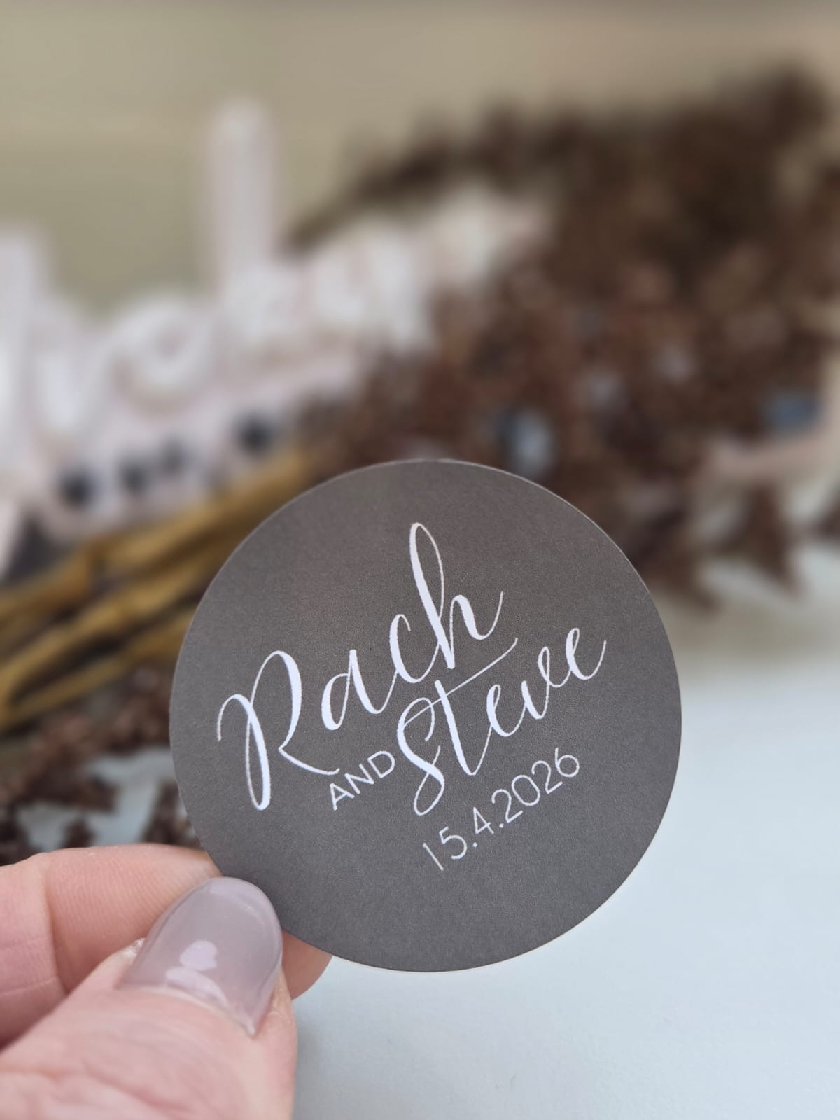 Coloured gloss round wedding name and date stickers