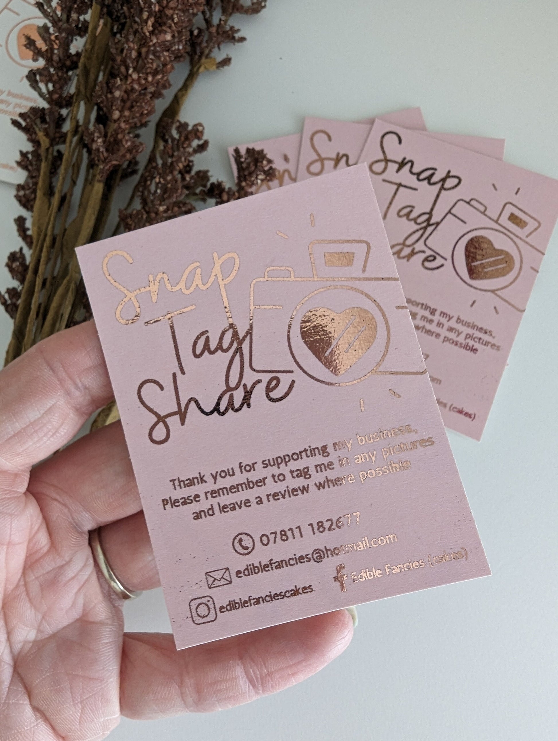 Pink with rose gold snap tag share cards