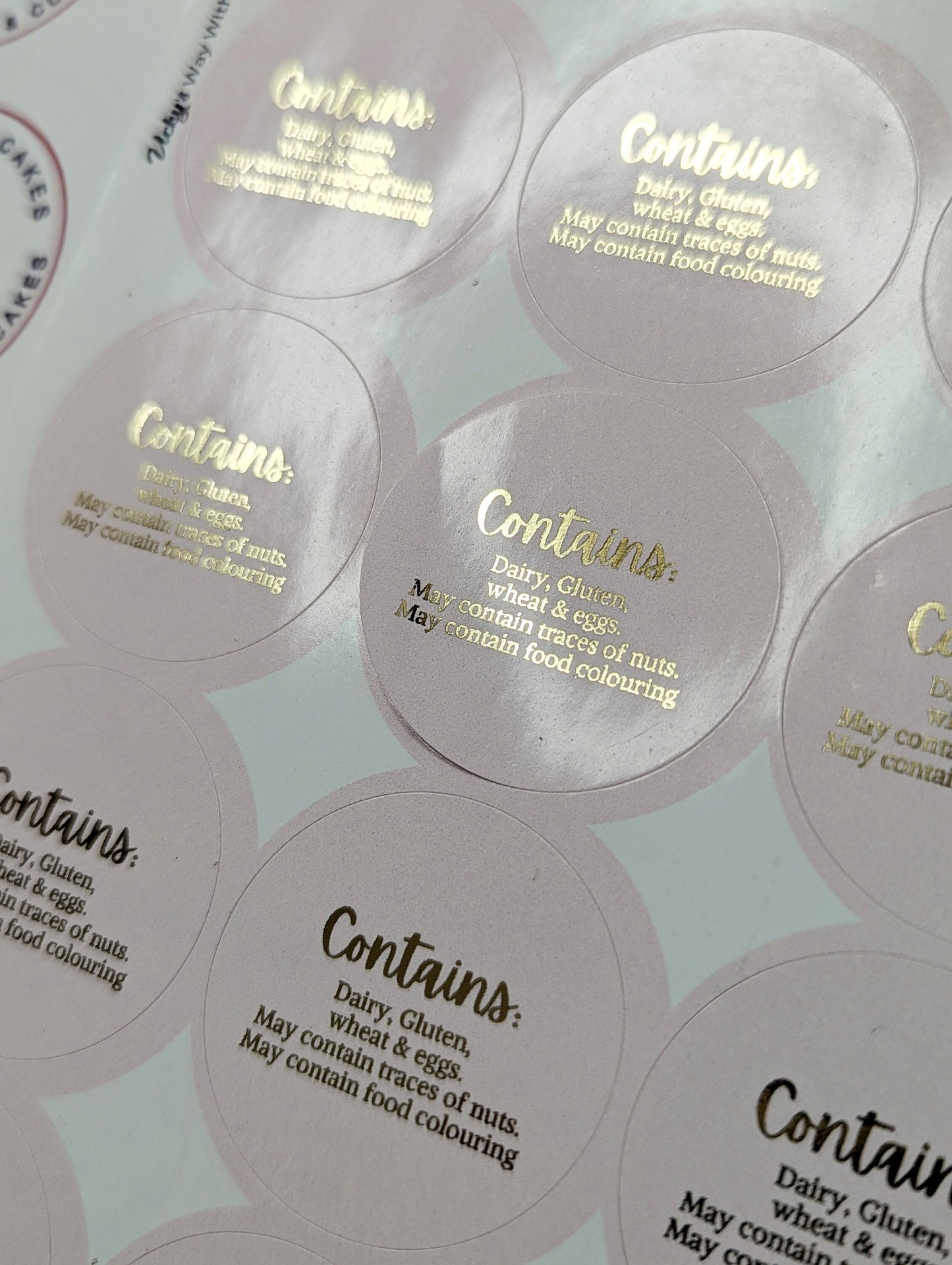 gold foil on baby pink allergen stickers