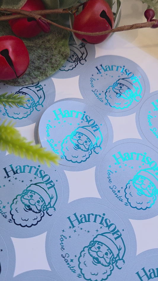 Gloss foiled santa personalised name labels
