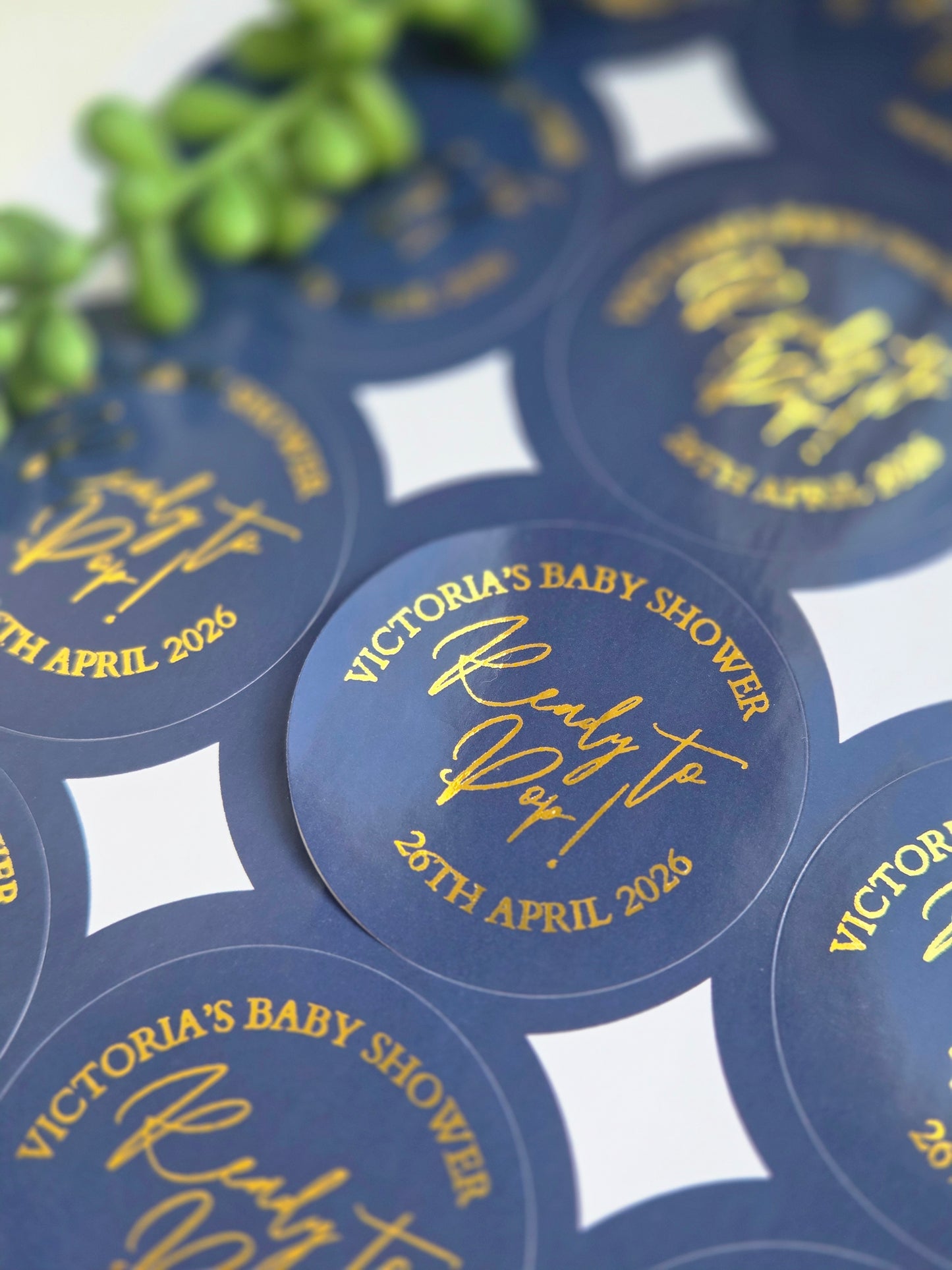 Ready to pop baby shower personalised stickers