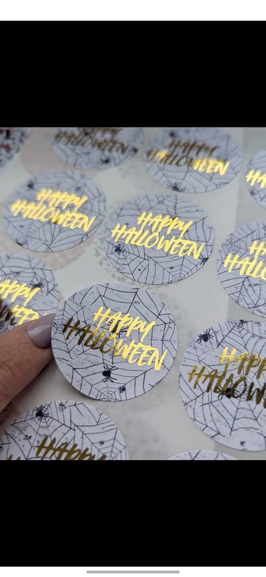 Foil circular Happy Halloween spiders web stickers