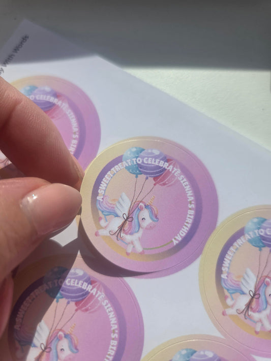 Unicorn personalised birthday stickers